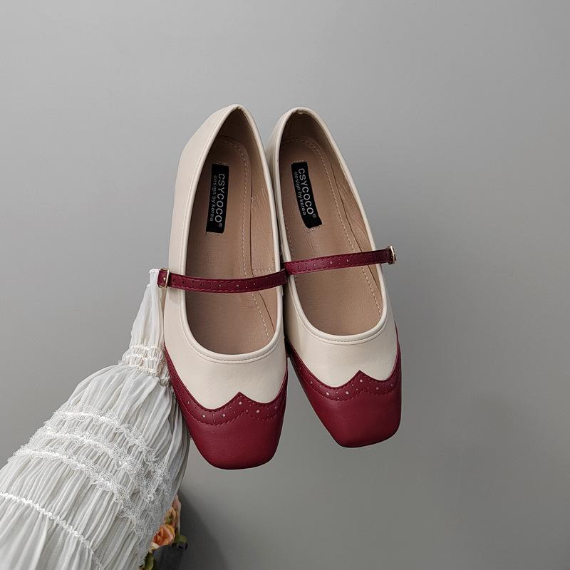 Fashion IPPEUM Women Flat Shoes Red PU Leather Square Toe Ballet Flats Lolita Shoes Mary Janes