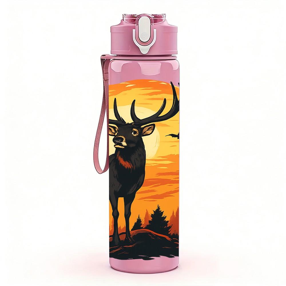 1PC Sunset Elk Pattern 750ml Color Plastic Sports Water Bottle Leakproof Flip Straw Lid Suitable for Sports Office Home Use