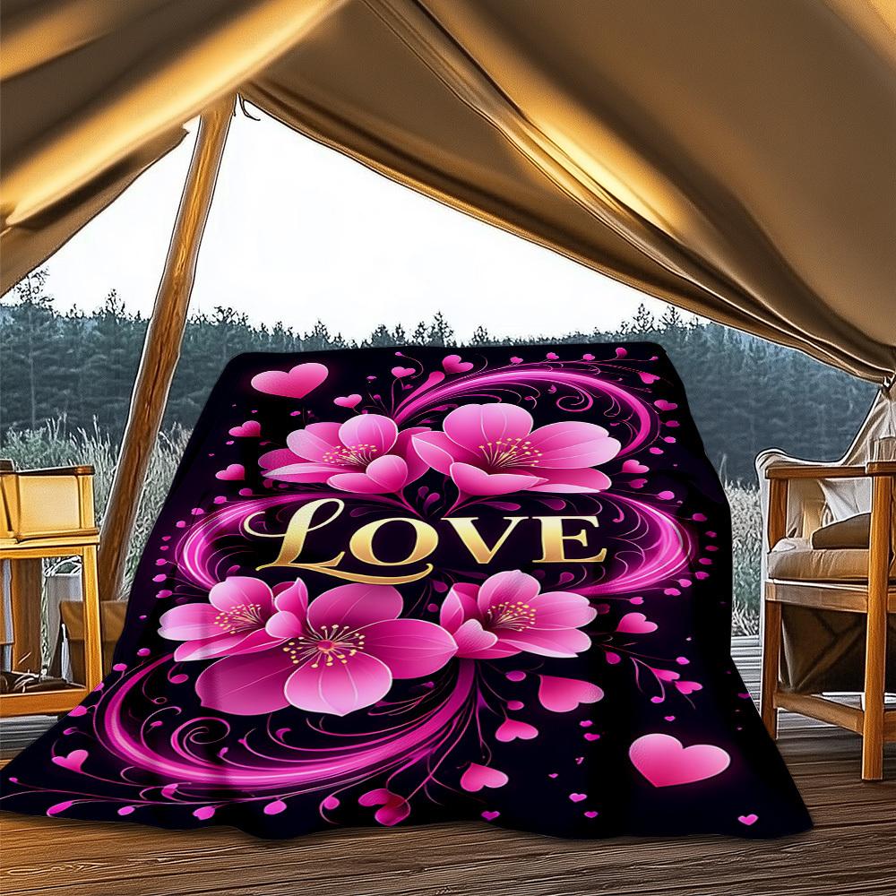 1pc Floral Love Decor Outdoor Flannel Blanket Soft All Season Polyester Throw , Perfect for Picnics & Travel , Picnic Accessory
