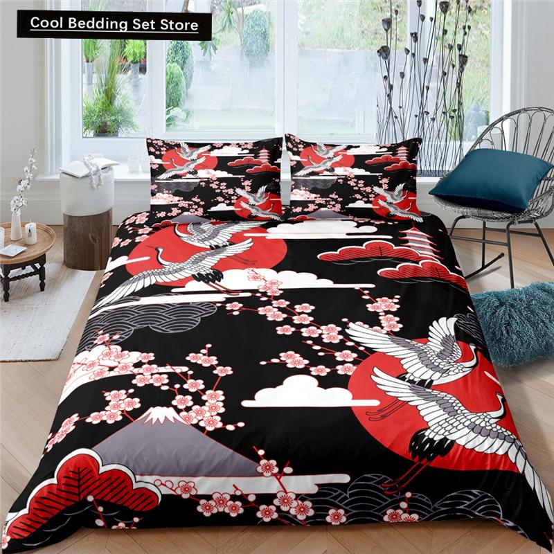 Japanischer Kranich-Bettbezug, King- und Queen-Size-Bettwäscheset mit Wellenblume im Ukiyo-e-Stil, östliche Kultur, 2/3-teilig, Polyester-Bettbezug