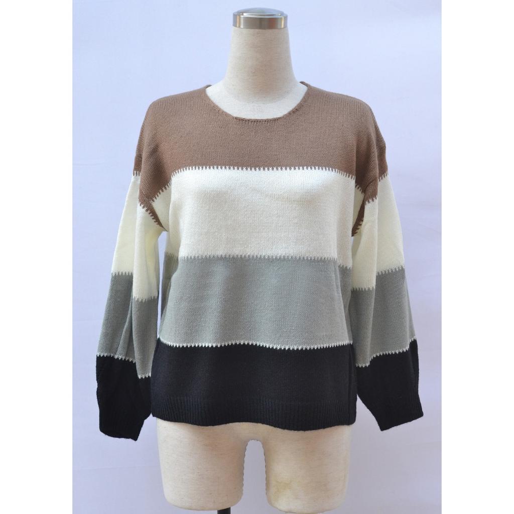 2025 Spring New Sweater Color Matching New Round Neck Medium and Long Loose Knitted Large Size Sweater