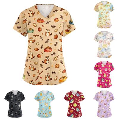 Women's V Neck Short Sleeve Work Top with Pockets Animal Print Medical Scrub Shirt for Healthcare Professionals Comfortable Fit