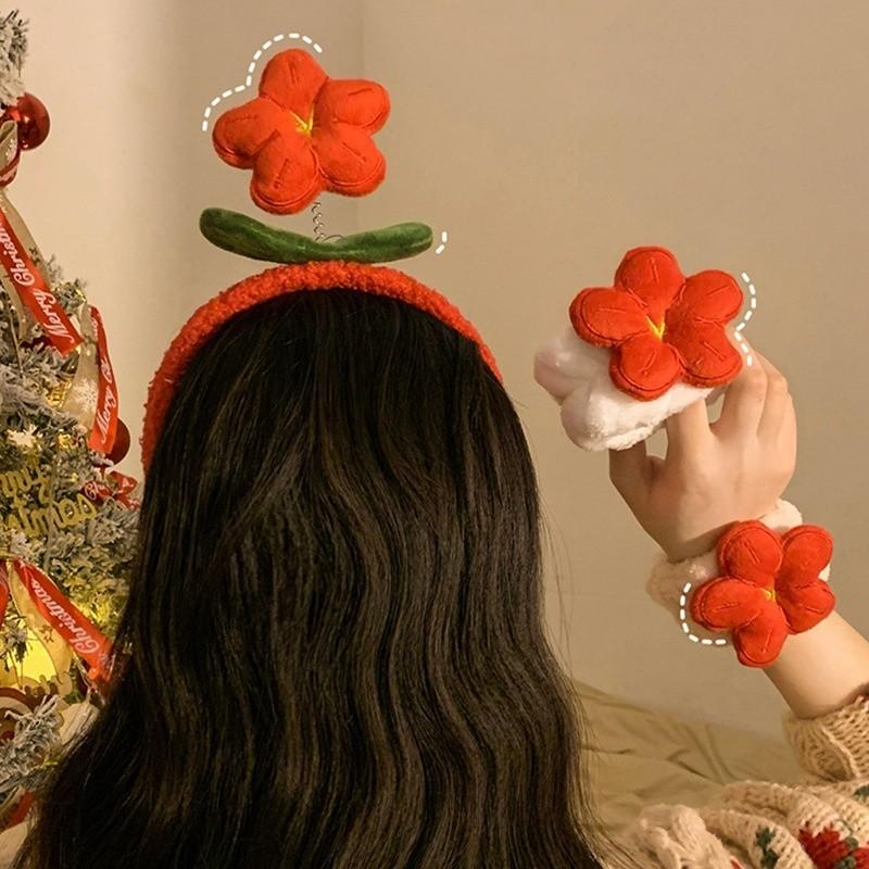 Cute Plush Flower Headband For Women Handmade Winter Wristband Set New Year Red Flower Hairband