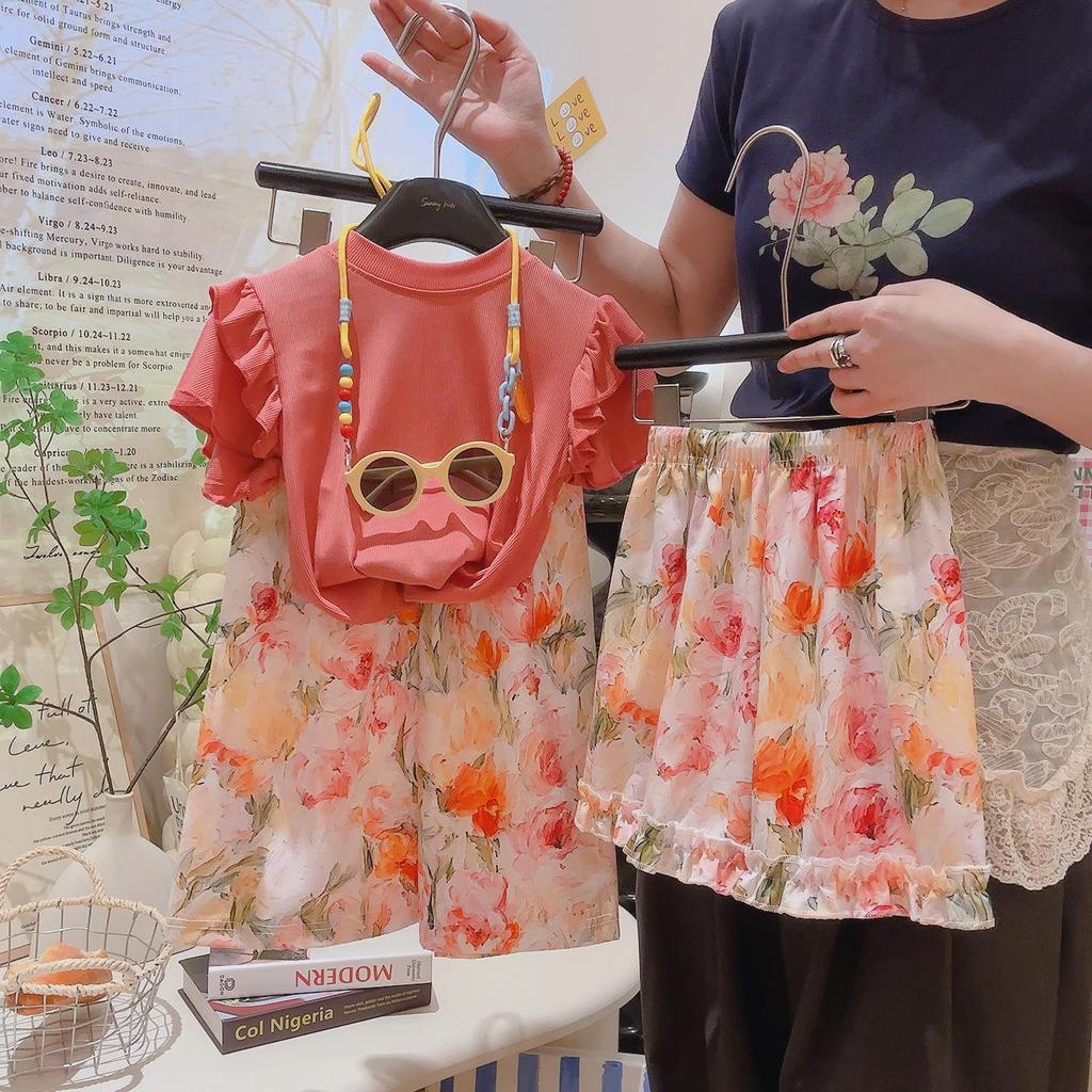 Three-Piece Girls' Summer Floral Set: Ruffle T-Shirt, Lace Shorts, Wide-Leg Pants