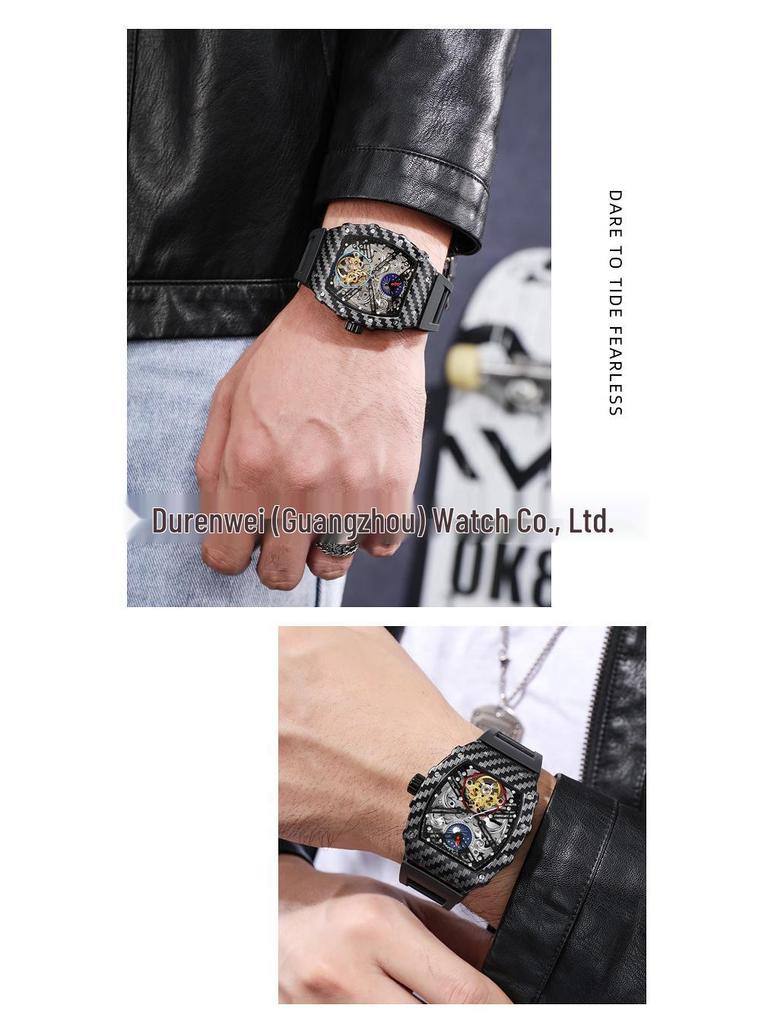 Durham Weida Men's Tonneau Skeleton Tourbillon Automatic Watch with Rubber Strap.
