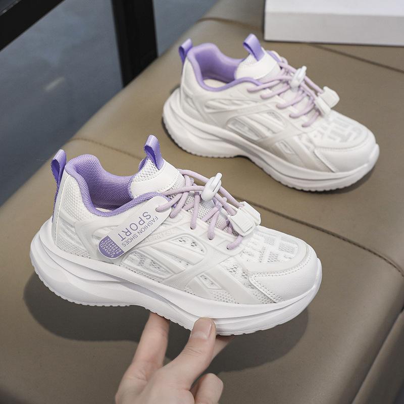 Summer Girls Mesh Sneakers Small Middle School Older Children Students Lace-Up Running Shoes Lightweight Shock Absorbing Breathable Classmate