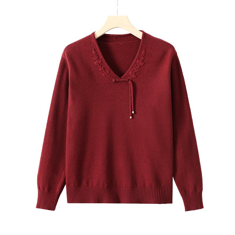 2025 New Style Red Winter Base Layer Top for Middle-Aged Women - Thickened Knitted Sweater