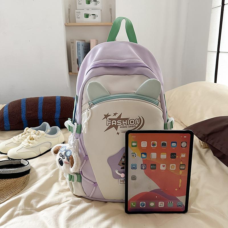 Contrast Color Backpack Women's College Style Lightweight Backpack Cartoon Student Schoolbag