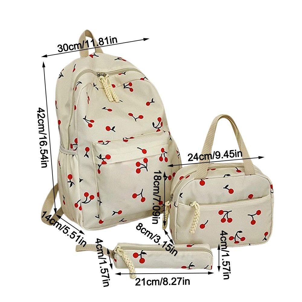 3Pcs/Set Oxford Cloth Cherry Backpack Preppy Style Adjustable Laptop Backpack with Lunch Bag & Pencil Case Large Capacity