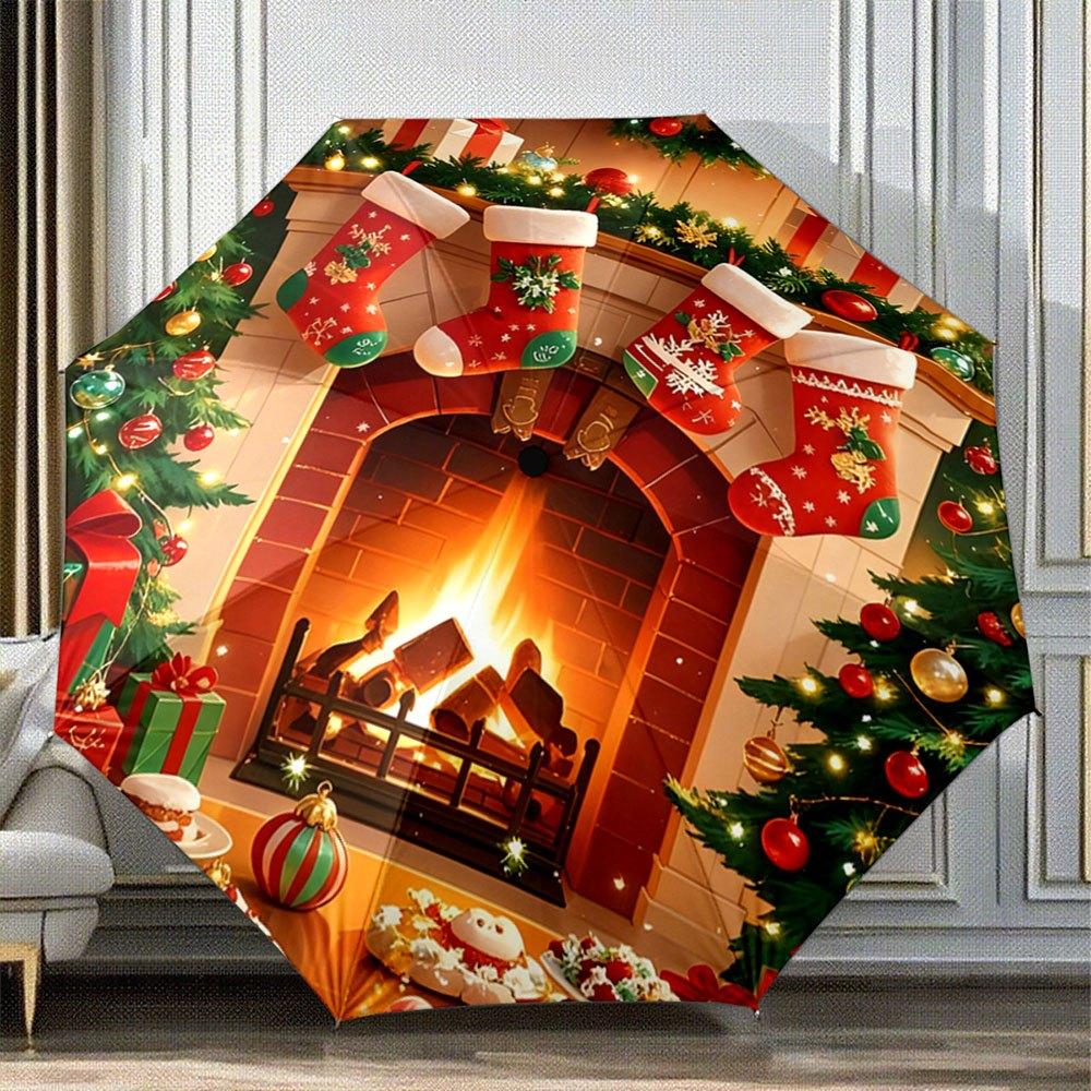 

Open/Close Portable Folding Umbrella with Christmas Tree, Fireplace & Stocking Design - 8-Rib Compact Travel Umbrella for s,,