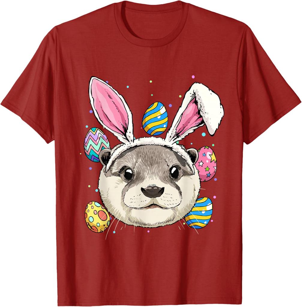 Otter Bunny Easter Eggs Graphic Tee Men Casual Vacation Trip Animal Lover T-Shirt