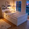 Wooden Bed 90 x 190 cm, USB and Type-C Combo Socket, LED Light, Headboard with Storage Function, Children's Bed, Multifunctional Bed, Pine Wood, White
