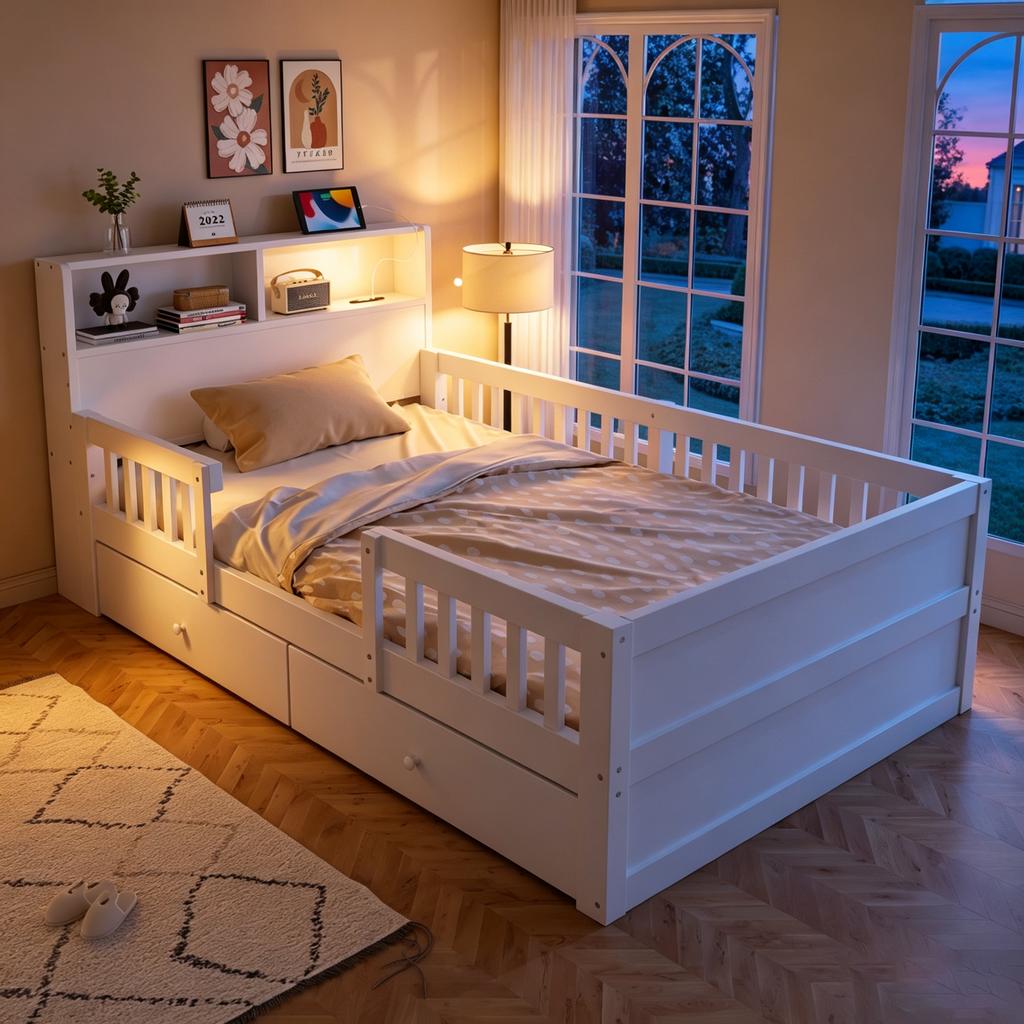 Wooden Bed 90 x 190 cm, USB and Type-C Combo Socket, LED Light, Headboard with Storage Function, Children's Bed, Multifunctional Bed, Pine Wood, White