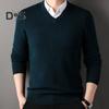 Suéter de otoño e invierno para hombre, cuello en V, tejido de color sólido, elástico, largo medio, estilo formal de negocios