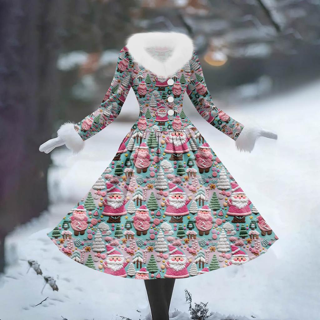 Dámské ležérní šaty s dlouhým rukávem, V-výstřihem, patchworkové fleecové šaty s vánočním potiskem