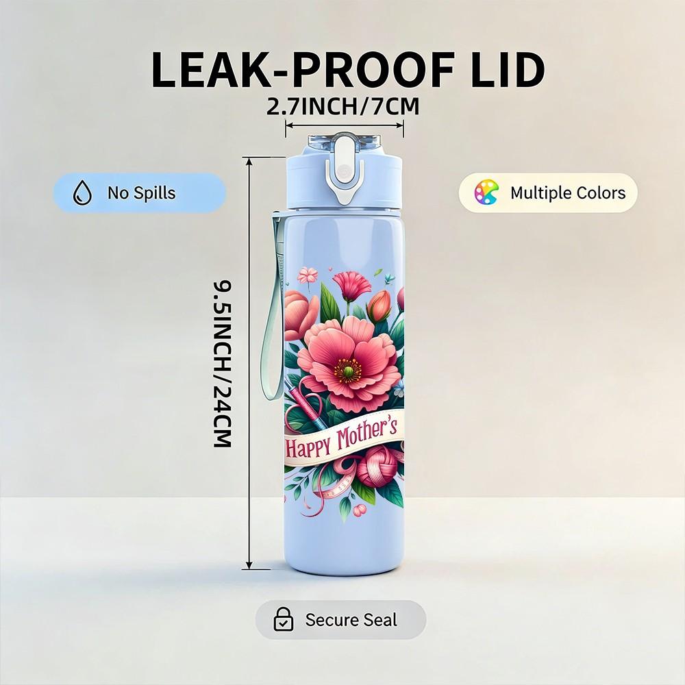 1PC Peony Rose Bouquet Floral Pattern 750ml Color Plastic Sports Water Bottle Leakproof Flip Straw Lid Suitable for Sports Office Home Use