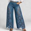 Women's High Waist Wide Leg Denim Pants Hollow‑Out Floral Lace Spliced Jeans Ladies Casual Loose Trousers for Daily Wear