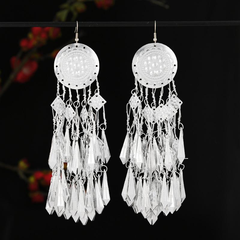 A few long Miao silver fringed earrings Guizhou Miao retro temperament earrings women's niche Yunnan earrings