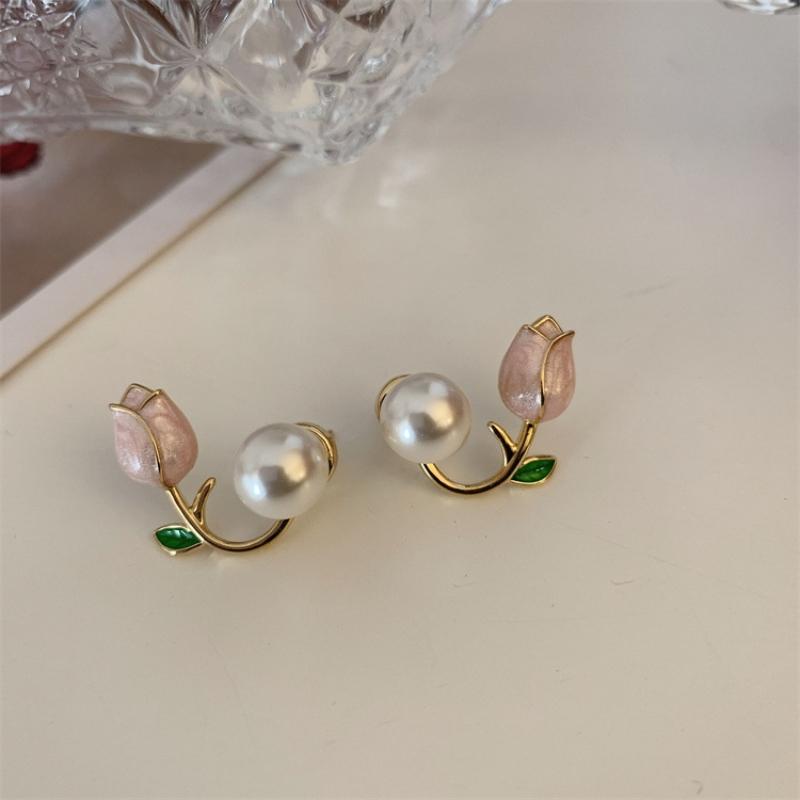 new pattern red tulip flower earrings for women Zircon 2024 trending luxury back hanging Purple women s stud earrings new Other розовый