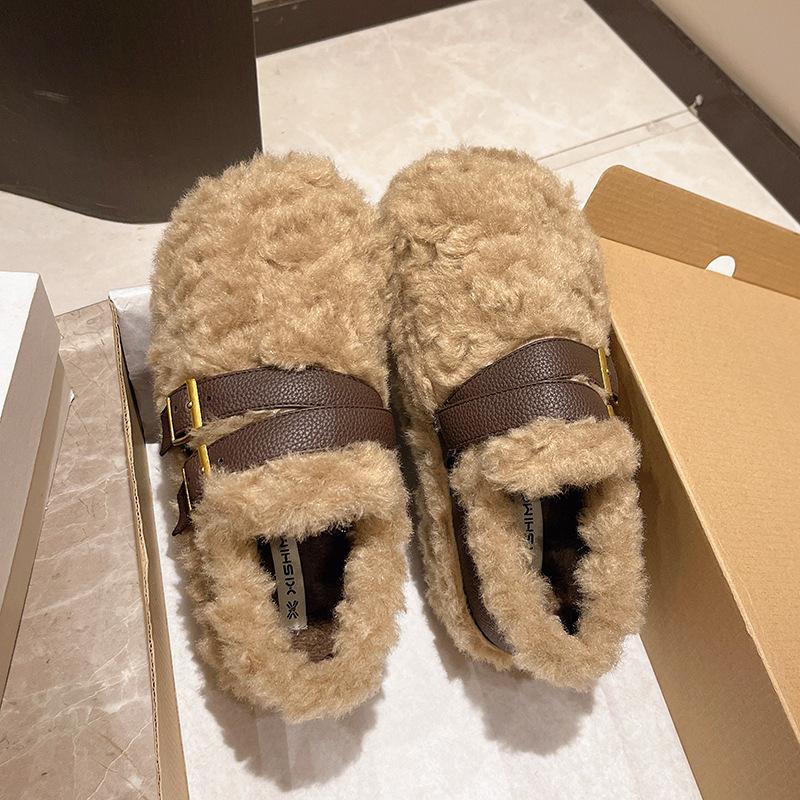 Autumn Winter Women's Cotton Shoes 2026 Fashion Plush Warm Retro Casual Shoes Outdoor Non Slip Flat Shoes Buckle Zapatos Mujer