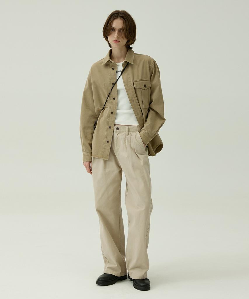 MAGOODGAN Patro 4811 Washed Double-Pleat Wide Fit Beige Chino Pants