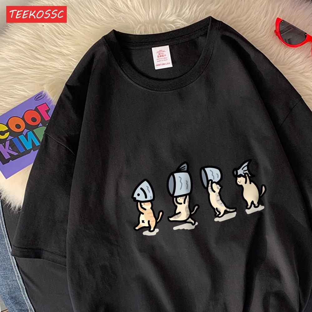 Quattro Gatti Piccoli Che Tengono Pescecotone Magliette da Donna Stampe Cartoni Animati T-Shirt Morbide Girocollo Larghi Manica Corta Top Vestiti Estivi
