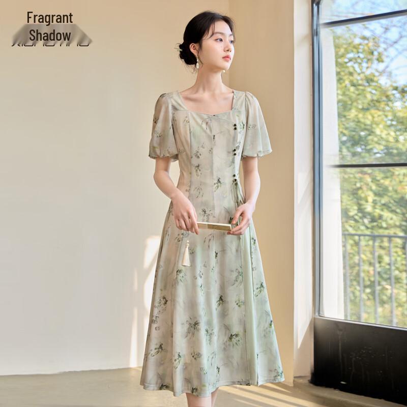 Xiangying New Chinese Style Floral Chiffon Dress L