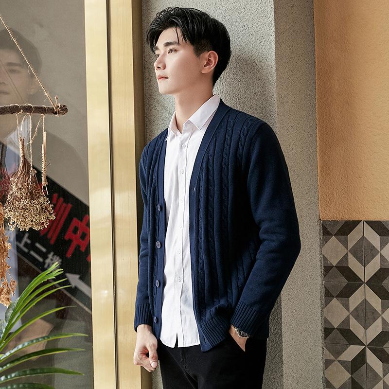 2025 New Autumn/Winter Men's Pure Cotton Cable Knit Cardigan: Youthful, Casual, V-Neck Sweater Coat, Thickened for Warmth.