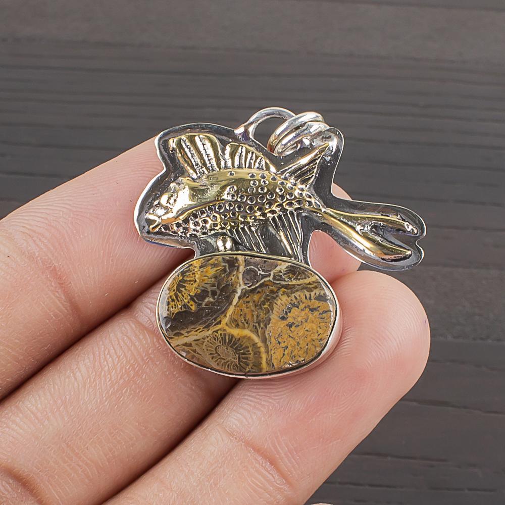 

Natural Fossil Coral Gemstone 925 Sterling Silver Jewelry Designer Pendant 1.23 AJP-2237