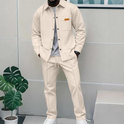 Ensemble Veste Waffle de Haute Qualité Couleur Unie à Boutons et Poche pour Homme Printemps et Automne - Une Tenue Deux Pièces Élégante et Décontractée