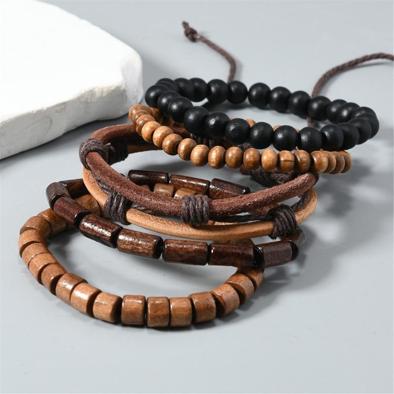 5Pcs Handmade Multilayer Elastic Cord Bracelet Coconut Shell Wood Beads Bangle Adjustable Retro Jewelry Gift