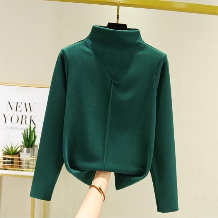 

Long Sleeve Women Autumn Winter Slim Velvet Half High Collar Top 4XL зелений