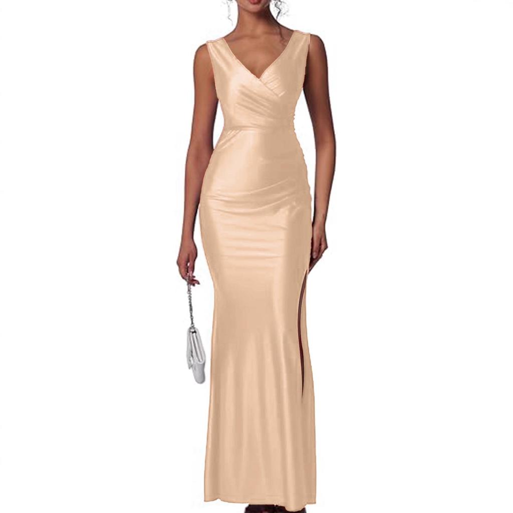European & American Slim Fit Solid Color Satin Slit Dress