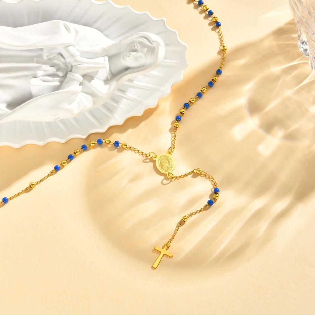 Farbige Perlen Jungfrau Y-förmige Halskette für Damen, Edelstahl Kreuz Gebet Katholische Rosenkränze Halsketten, Heiliges Schmuckstück Geschenk