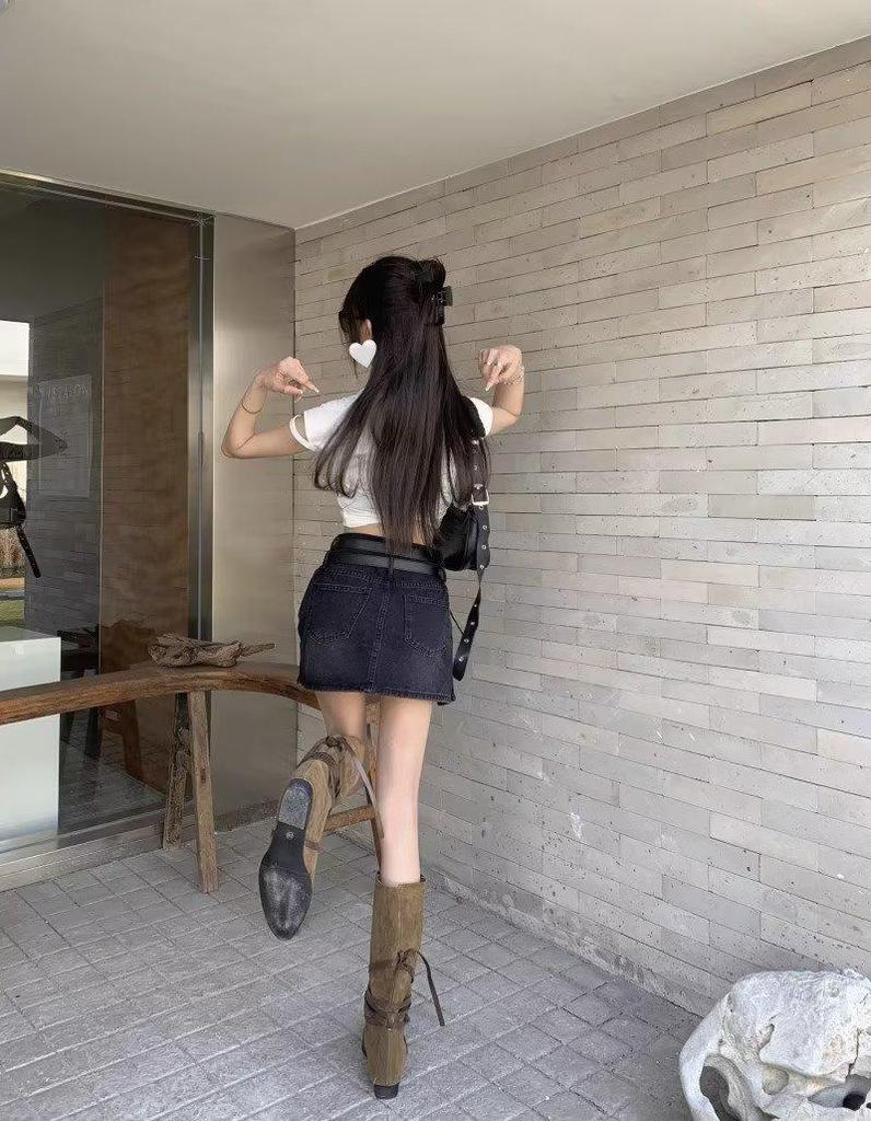Spicy Girl High Waist Retro Slit Denim Skirt with Double Belt - Women's Summer A-line Mini Skirt
