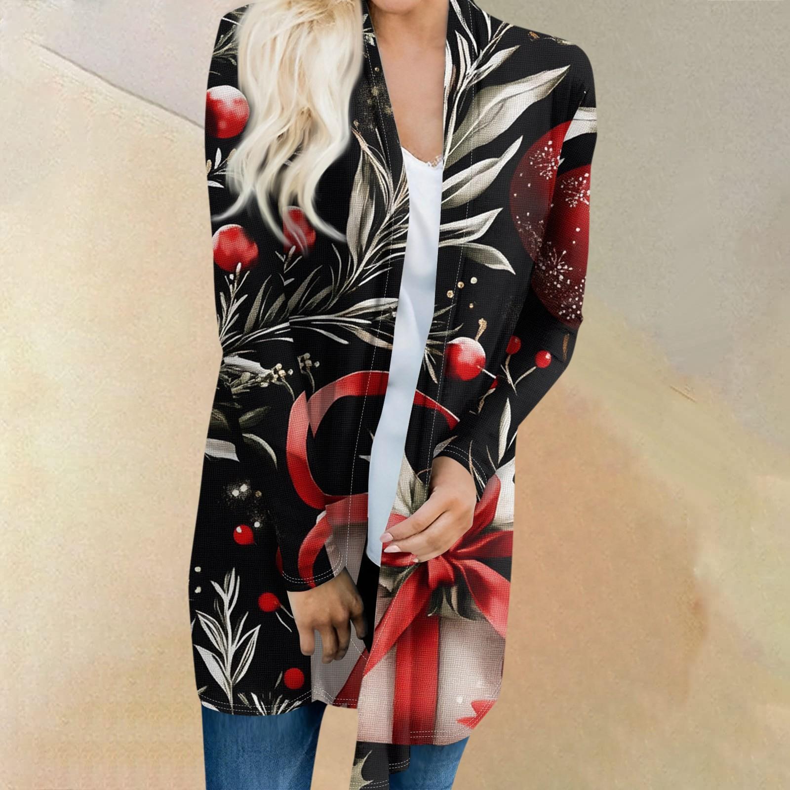 

Женская модная повседневная куртка-кардиган средней длины с принтом рождественской елки и снеговика M