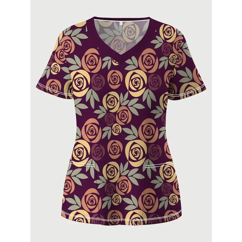 3D V-Neck T-Shirt Breathable Casual Sporty Short Sleeve Top For Women Full Print Fashion Pink Flowers