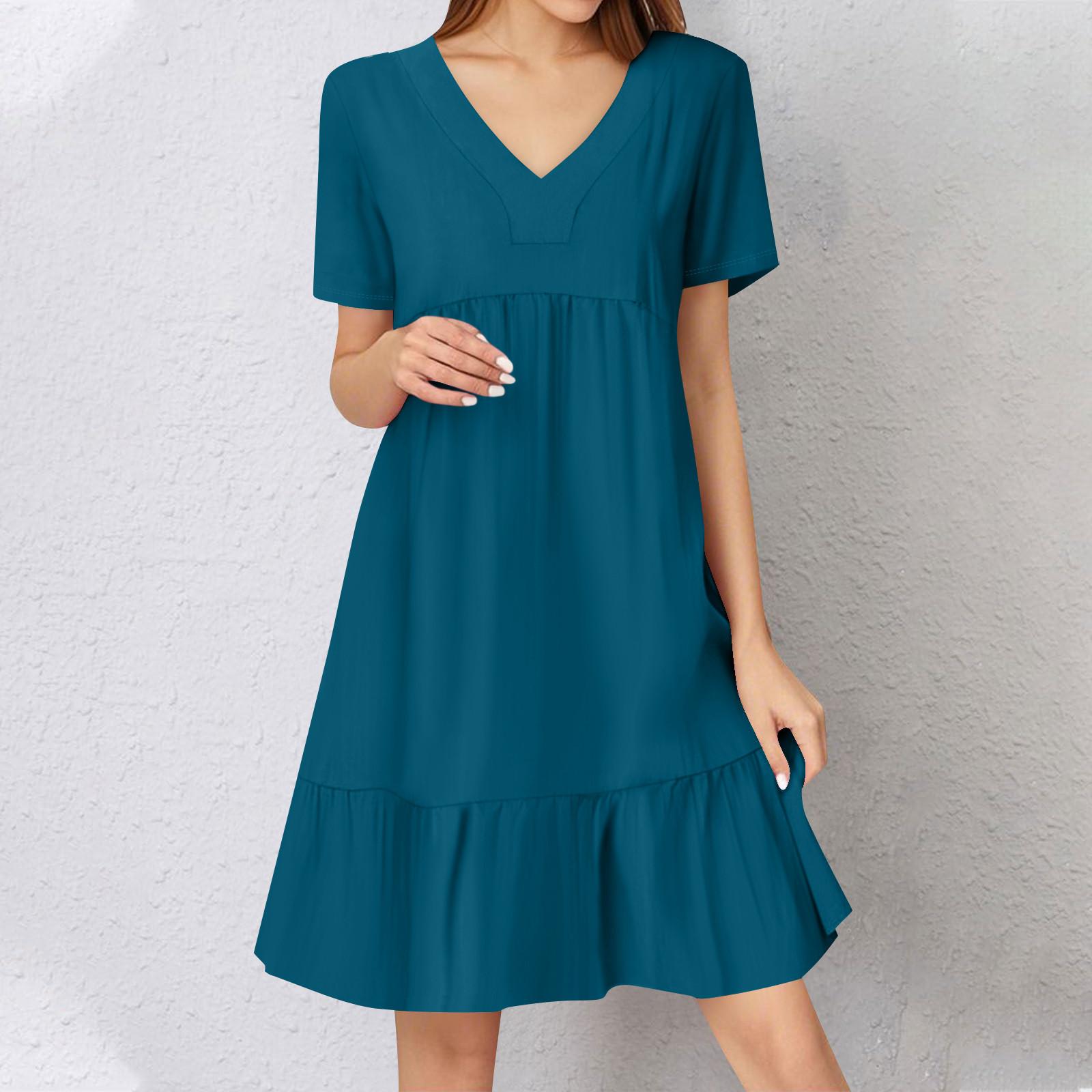 

Жіноча літня сукня з коротким рукавом, V-подібним вирізом, коротка, модна, повсякденна, вільна, бохо, з рюшами, А-силуету, сукня-сонце S