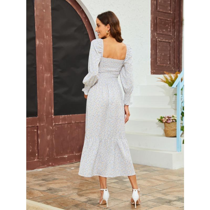 YYFS Women's Fashion Spring Fall Flower Pattern Print Long Sleeve One Shoulder Loose Waistline Casual Dresses
