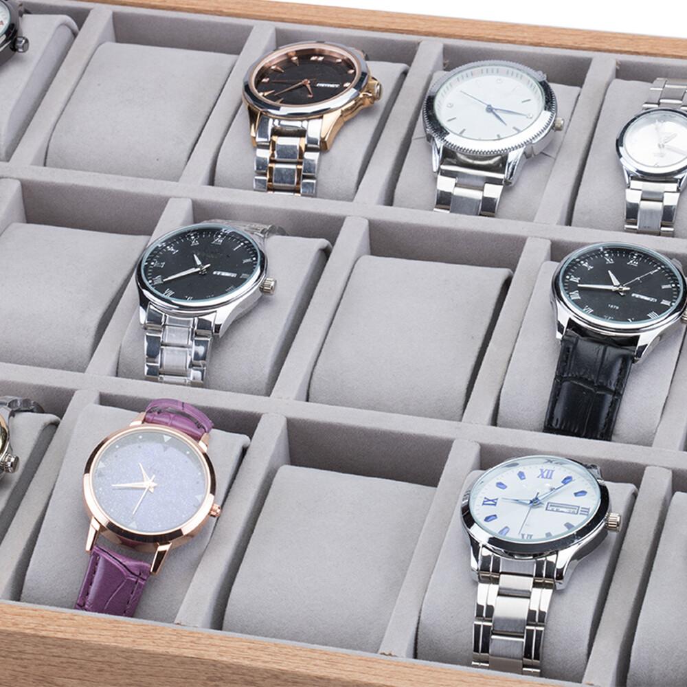 Wooden Watch Box 30 Slots Display Tray Organizer With Grey Velvet Pillows For Men Women
