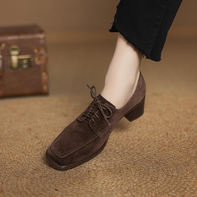 Fashion 2025 New Spring Women Pumps Kid Suede Shoes for Women Square Toe Chunky Heel Shoes Women Loafers Designer Ladies Shoes