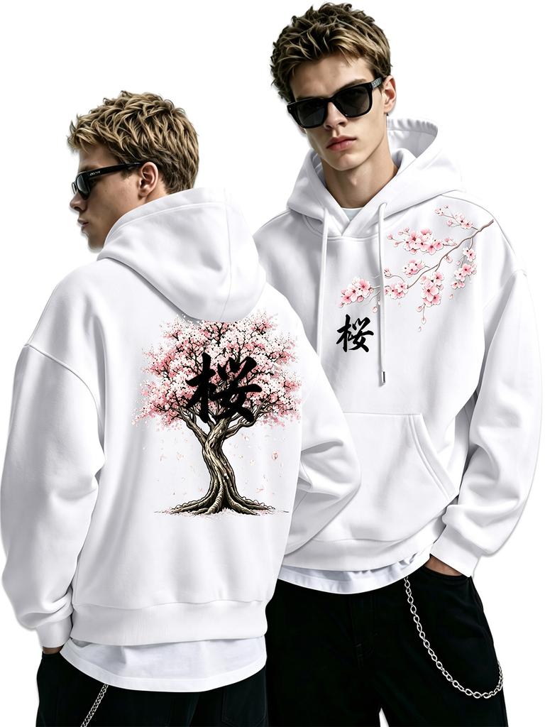 Pánská japonská třešeň Sakura Kanji Grafická mikina s kapucí Unisex Streetwear Dlouhý rukáv Stahovací mikina s kapucí