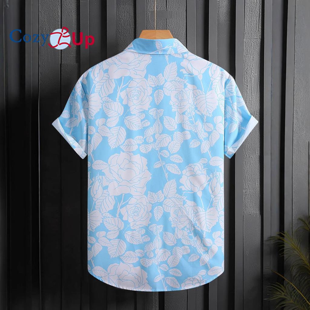 Men's Short Sleeved Shirt with Sky Blue and White Rose Print Shirt for Men