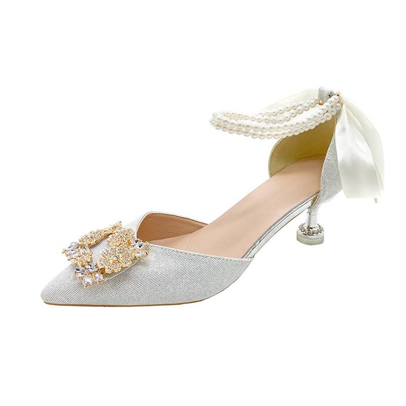 Fashion Pearl Chain Rhinestone Square Buckle High Heels Women's Pointed Toe Shallow Mouth Anti-Slip Wear-Resistant Stiletto Sandals
