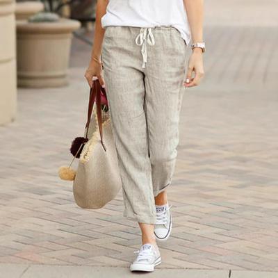 Women's Drawstring Waist Linen Pants Loose Straight Leg Trousers Casual Solid Color Elastic High Waist Joggers For Summer Daily Wear
