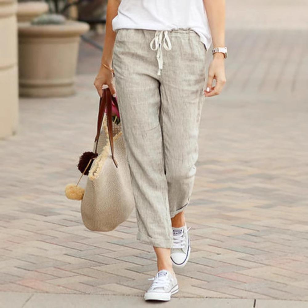 Women's Drawstring Waist Linen Pants Loose Straight Leg Trousers Casual Solid Color Elastic High Waist Joggers For Summer Daily Wear