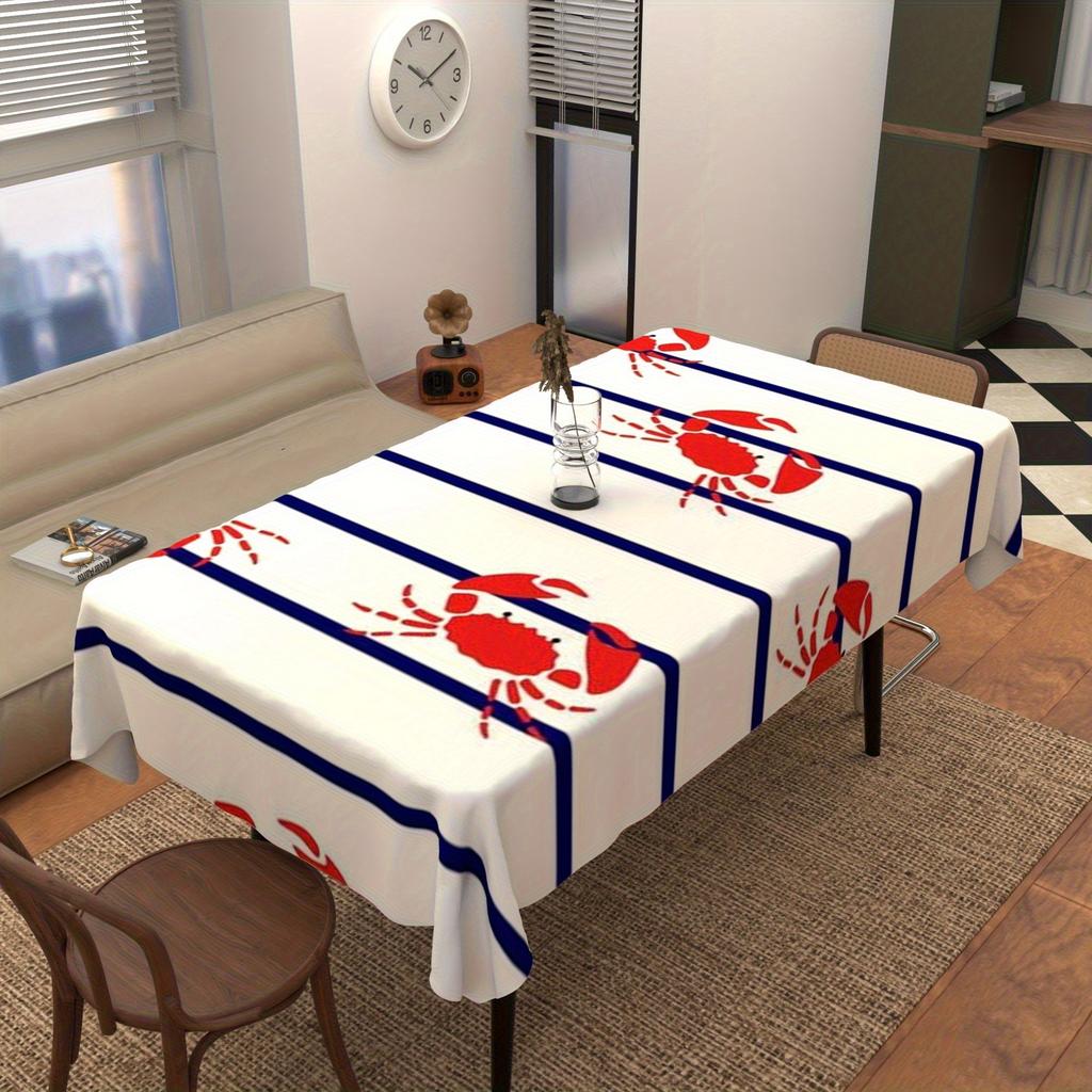 1pc of Rectangular Table Cover Featuring a Red Crab Design And Navy Blue Stripes, Perfect for Coastal-Themed Dining. This High-Quality, Easy-To-Clean