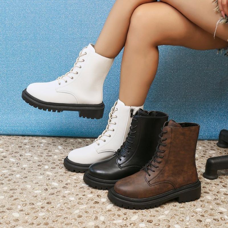New Styles of Chunk-heeled Boots, Thick-soled Ankle Boots, Lace-up Motorcycle Boots, Slim Boots and Women's Shoes
