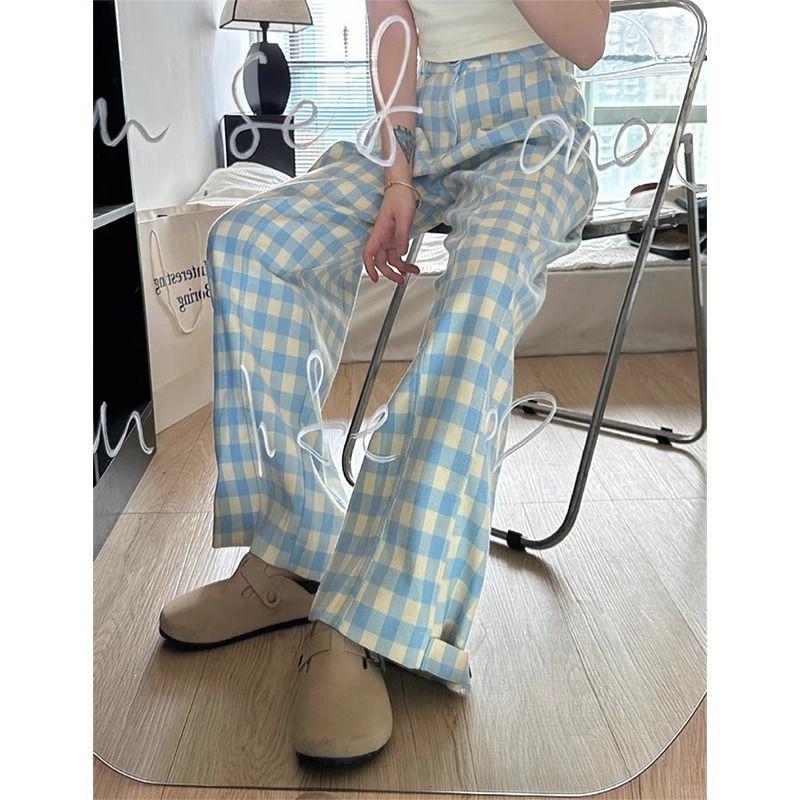 

Women s High-Waisted Blue Plaid Wide-Leg Casual Pants - Spring/Summer 2025 Collection Small синий