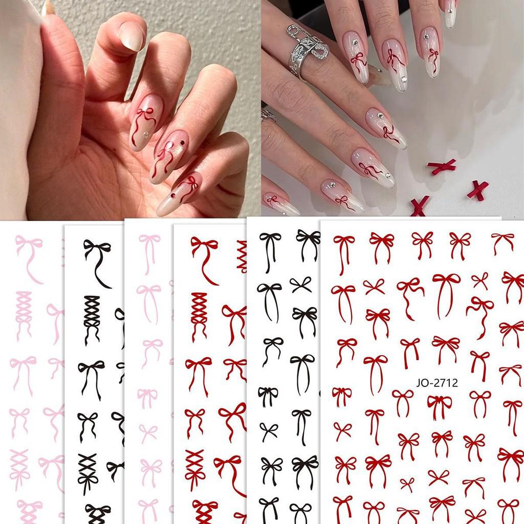 3D Black Red Pink Nail Stickers Bowknot Nail Decals Ribbon Butterfly Knot Self Adhesive Nail Sliders DIY Manicure Decorations